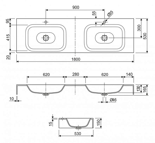 Раковина двойная Cezares TITAN TITAN-1800-2-LVB Раковина двойная Cezares TITAN TITAN-1800-2-LVB