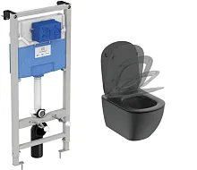 Комплект 3 в 1 Ideal Standard T3868V3 Prosys Tesi: подвесной унитаз T0079V3 + крышка-сиденьей T3527V3 + инсталляция для монтажа Prosys 120 M R020467, Silk Black (черный шелк)