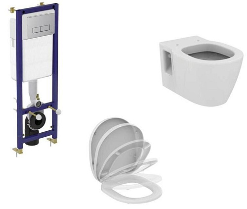 Комплект 3 в 1 Ideal Standard W880101 Connect: подвесной унитаз E803501 + крышка-сиденье E712701 + инсталляция для монтажа W3710AA, Euro White (евробелый)