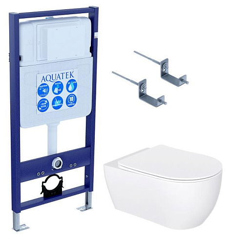 Комплект Aquatek SET Европа New-KKI2: рама Standard INS-0000012 + крепеж KKI-0000002 + унитаз AQ1106L-00 с тонким сиденьем с механизмом плавного закрывания, белый