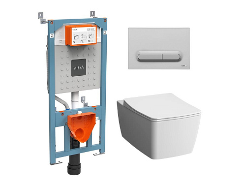 Комплект 4 в 1 Vitra 9820B003-7201 Metropole: подвесной унитаз + крышка-сиденье + инсталляция для монтажа, клавиша смыва матовый хром