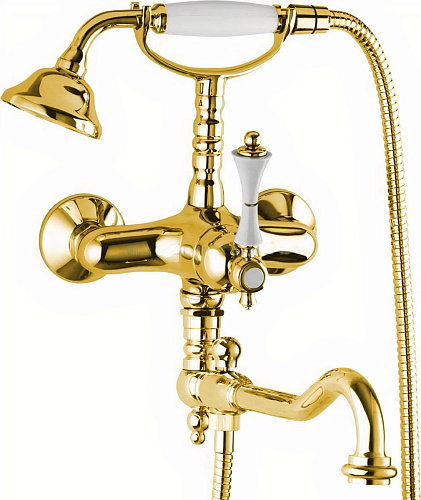 Смеситель Cezares MARGOT-VDFM2-03,24-Bi,A для ванны, с ручным душем и поворотным изливом, золото 24 карат,ручки белые металл