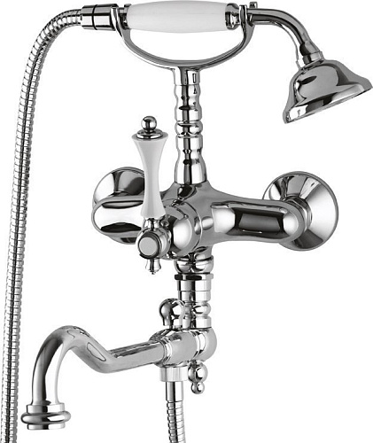 Смеситель Cezares MARGOT-VDFM2-01-Bi для ванны, с ручным душем и поворотным изливом, хром,ручки белые