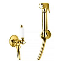 Гигиенический душ Cezares FIRST-KS-03/24-Bi с запорным вентилем, со шлангом 120см и держателем, исполнение золото, ручки белые