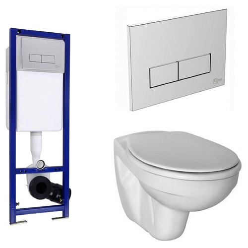 Комплект 3 в 1 Ideal Standard W770001 Ecco: подвесной унитаз + инсталляция для монтажа + кнопка смыва, хром