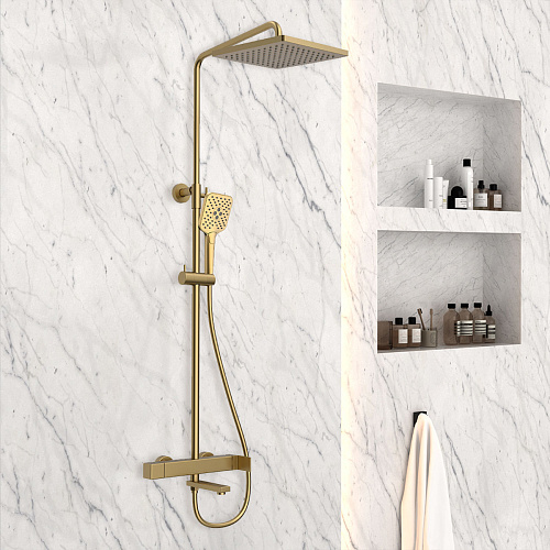 Душевая стойка Vincea VSFS-1C1BG Cube с изливом, брашированное золото