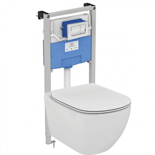 Комплект 4 в 1 Ideal Standard T387201 Prosys Tesi AquaBlade®: подвесной унитаз T007901 + крышка-сиденье T352701 + инсталляция для монтажа Prosys Frame 120 M R020467 + механическая панель смыва Solea M1 R0108AA, Euro White (евробелый)