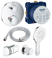 Сет 2179 24075000, Термостат (Chrome) 35600000, Встраиваемый механизм 28626000, Подключение шланга 28364001, Шланг для душа (Chrome) 26574000, Душевая лейка (Chrome) 27595000, Держатель для душа настенный (Chrome)