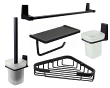 Сет № 1889 K-3227, Щётка-ершик (Black Matt) + K-3228, Стакан для зубных щеток (Black Matt) + K-3230, Полотенцедержатель + K-733B, Полка угловая (Black) + K-1525, Держатель для туалетной бумаги с полкой (Black Matt)