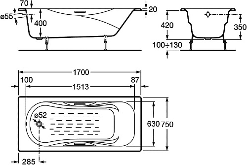 Ванна чугунная, под ручки Roca Malibu 2309G000R купить недорого в интернет-магазине Керамос