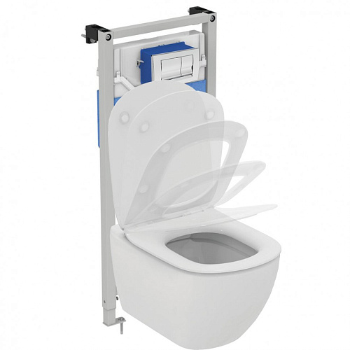 Комплект 4 в 1 Ideal Standard T355101PT Tesi Prosys Solea M1: подвесной унитаз безободковый Rimless T355101 + крышка-сиденье T352701 + инсталляция для монтажа Prosys Frame 120 M R020467 + механическая панель смыва R0108AA, Euro White (евробелый)