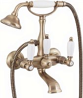 Смеситель Cezares FIRST-VD-02-Bi для ванны, с ручным душем, бронза,ручки белые