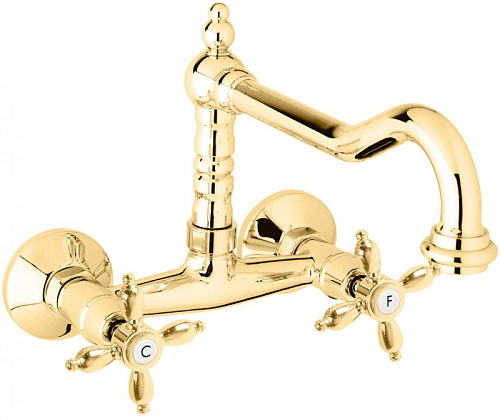 Смеситель Cezares NOSTALGIA-LLP-03/24 кухонный, настенного монтажа, золото, ручки золото Смеситель Cezares NOSTALGIA-LLP-03/24 кухонный, настенного монтажа, золото, ручки золото