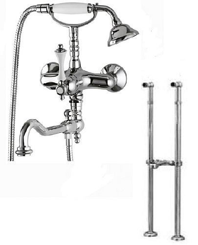 Смеситель Cezares MARGOT-VDP2-01-Bi для ванны, с ручным душем и поворотным изливом, напольный, хром,ручки белые