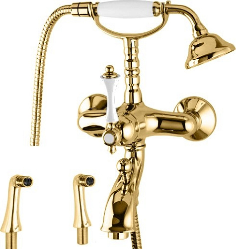 Смеситель Cezares MARGOT-PBV-03/24-Bi/A на борт ванны с ручным душем, исполнение золото, ручка белая/металл