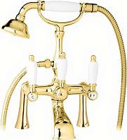 Смеситель Cezares FIRST-PBV-03,24-Bi на борт ванны, с ручным душем, золото 24 карат,ручки белые