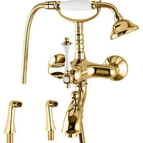 Смеситель Cezares MARGOT-PBV-03,24-Bi на борт ванны, с ручным душем, золото 24 карат,ручки белые